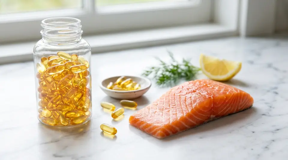 Omega-3 Dosierung – Fischöl Kapseln und Lachs auf Marmor