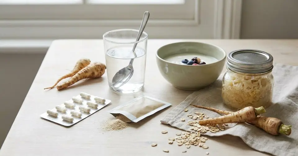 Antibiotika Darmflora aufbauen: Tablettenblister, Probiotikum-Pulver, Joghurt und Sauerkraut