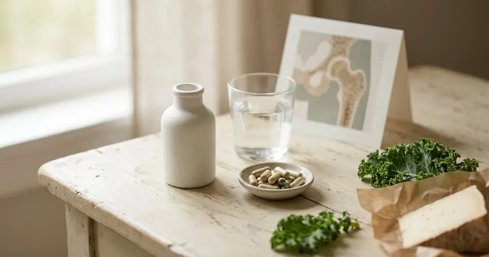Cortison Nebenwirkungen: Tabletten, Kapseln und calciumreiche Lebensmittel auf hellem Holz