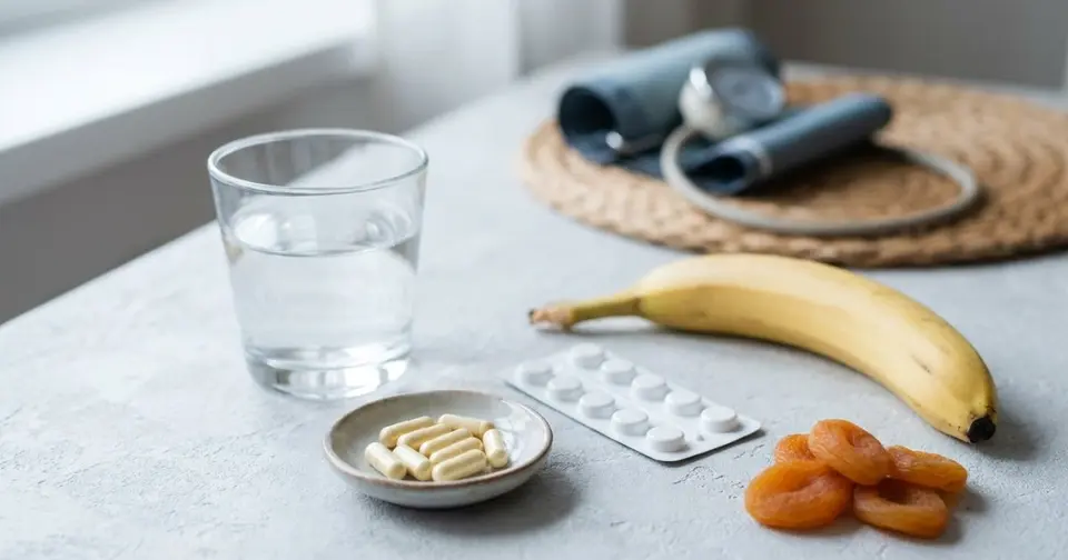 Diuretika Nebenwirkungen: Tablettenblister, Wasserglas, Magnesiumkapseln, Banane und Aprikosen