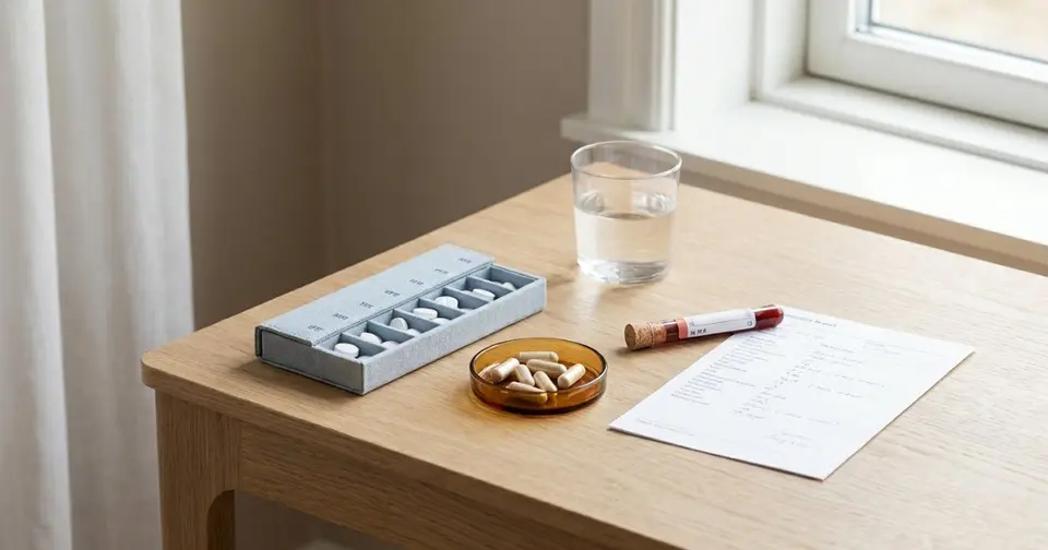 Metformin und Vitamin B12 Mangel: Tablettenbox, Kapseln, Blutroehrchen und Laborbefund