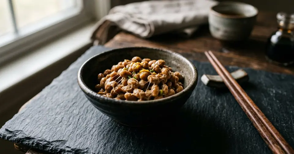 Fermentierte Natto-Sojabohnen in einer Keramikschale