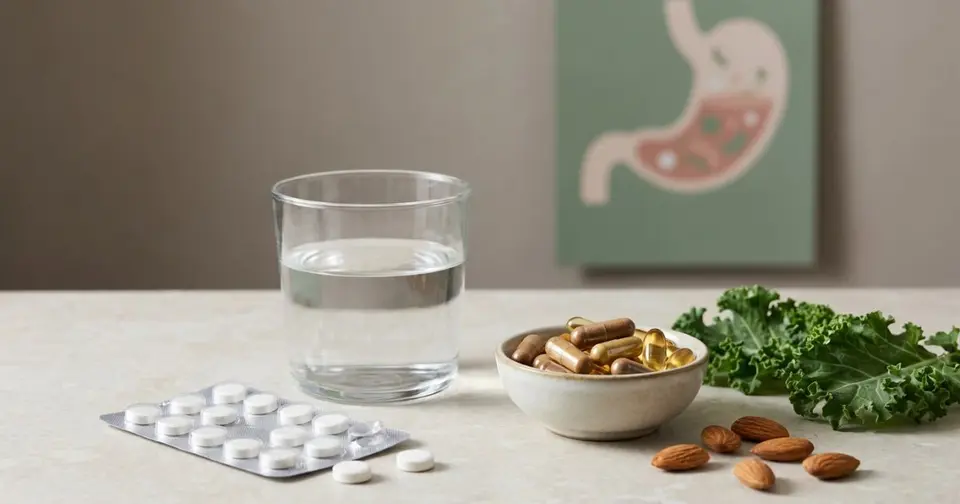 Pantoprazol Langzeiteinnahme: Tablettenblister, Wasserglas und Naehrstoffkapseln auf Kuechenablage