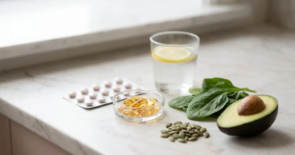 Pille Naehrstoffe: Blisterpackung neben B-Vitamin-Kapseln, Spinat und Kuerbiskernen
