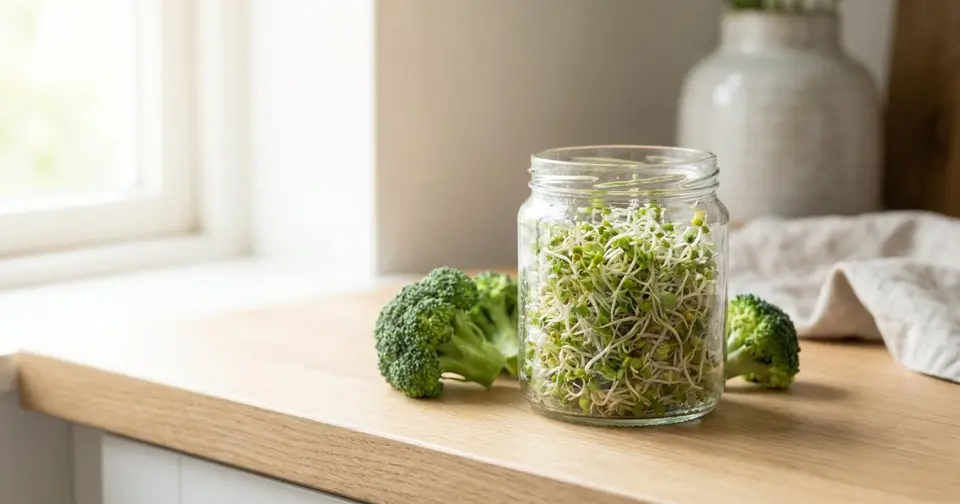 Frische Brokkolisprossen im Keimglas auf einer Küchenarbeitsplatte