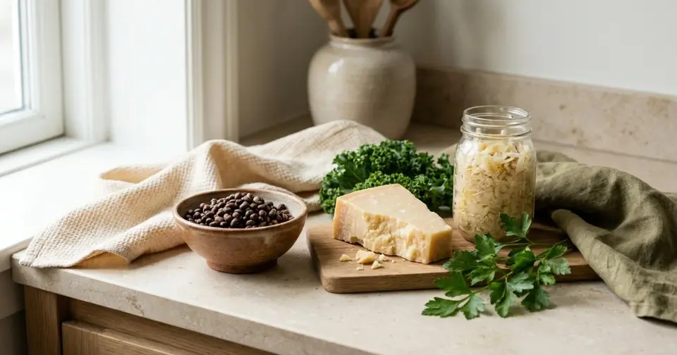 Fermentierte Lebensmittel mit Vitamin K2: Natto, gereifter Käse, Sauerkraut und grünes Blattgemüse