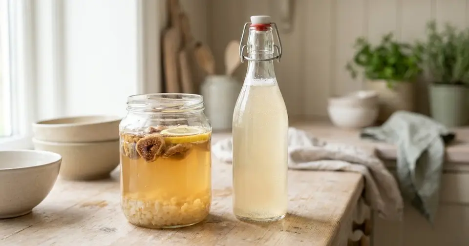 Wasserkefir ansetzen: Glas mit Kristallen, Trockenfrüchten und Zitrone