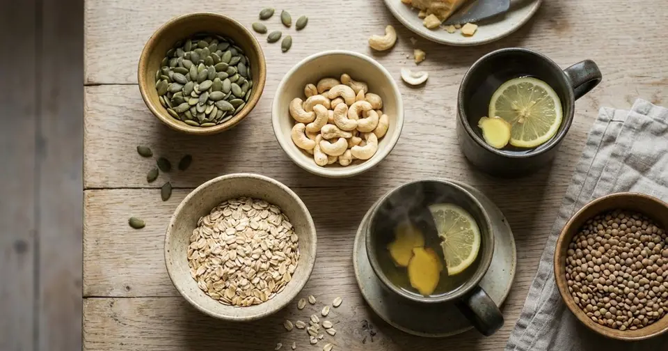 Zinkreiche Lebensmittel wie Kürbiskerne, Cashews, Haferflocken, Käse und Linsen neben einer Tasse Ingwertee