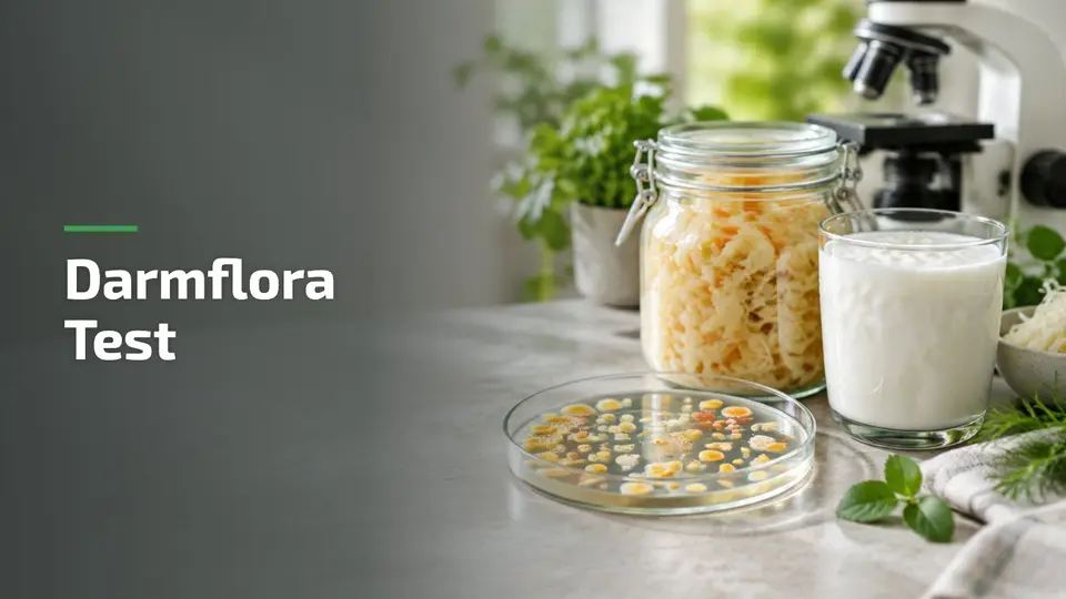 Darmflora Test: Bakterienkulturen in der Petrischale neben Sauerkraut und Kefir