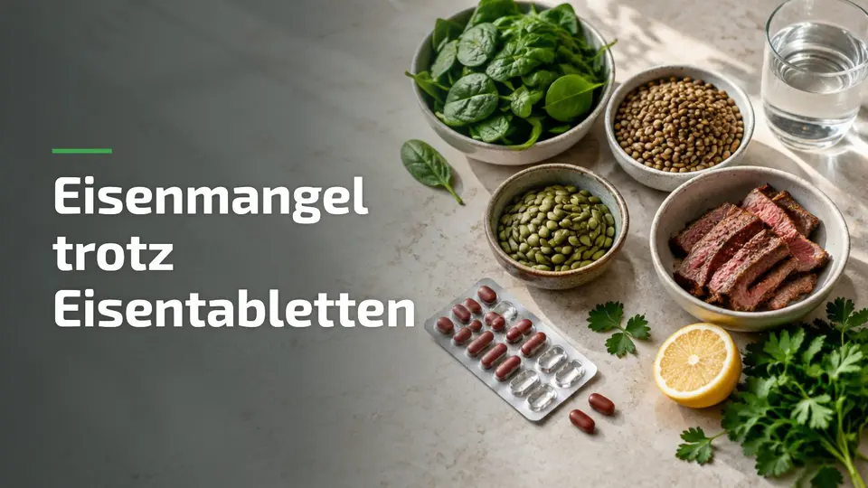 Eisenmangel trotz Eisentabletten: eisenreiche Lebensmittel wie Spinat, Linsen und Kürbiskerne neben Eisentabletten